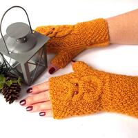 Mustard Brown Owl Gloves, Knitted Fingerless Owl Mittens