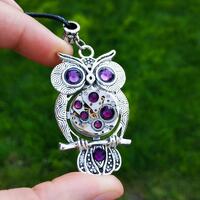 Owl jewelry Gift Necklace Silver Steampunk pendant Bird Fantasy Amethyst Totem For women men...