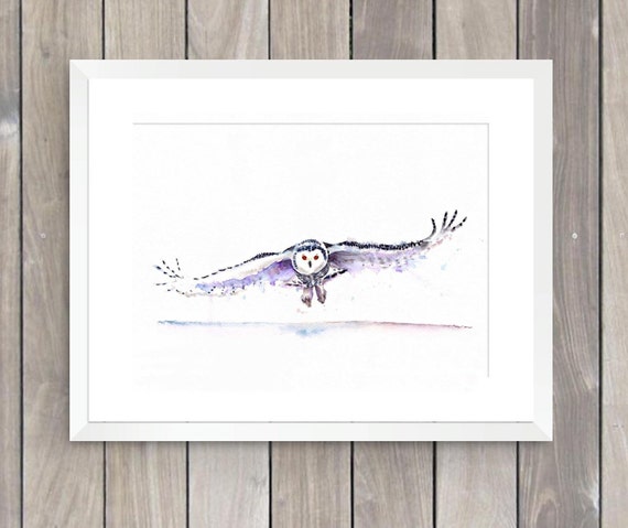 Snowy owl in flight watercolor fine art print