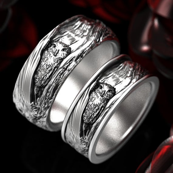 Owl Ring Set, Owl Wedding Bands