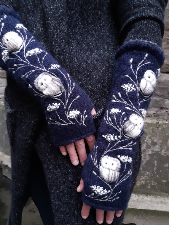 Hand knitted fingerless gloves with embroidery owl,arm warmers Christmas gift for her soft and casual winter accessories,comfort mittens.
