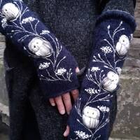 Hand knitted fingerless gloves with embroidery owl,arm warmers Christmas gift for her soft a...