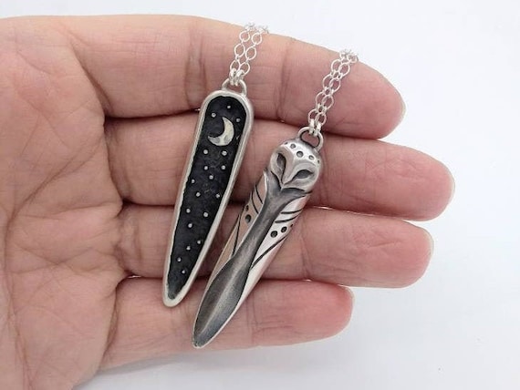 Owl Necklace Sterling Silver Owl Pendant / Snowy Owl / Barn Owl / Gift for Night Owl / Moon and stars on the back side / Double sided Tribal