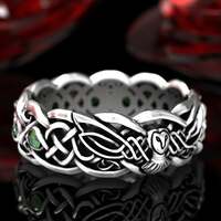 Emerald Sterling Silver Celtic Owl Ring / Wedding Band, Trinity Knot Ring
