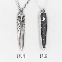 Sterling Silver Barn Owl Necklace / Pendant with Moon and star...