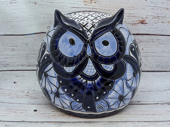 Ceramic Owl Flower Pot - Talavera Blue Mecixo Decor, Indoor or Outdoor