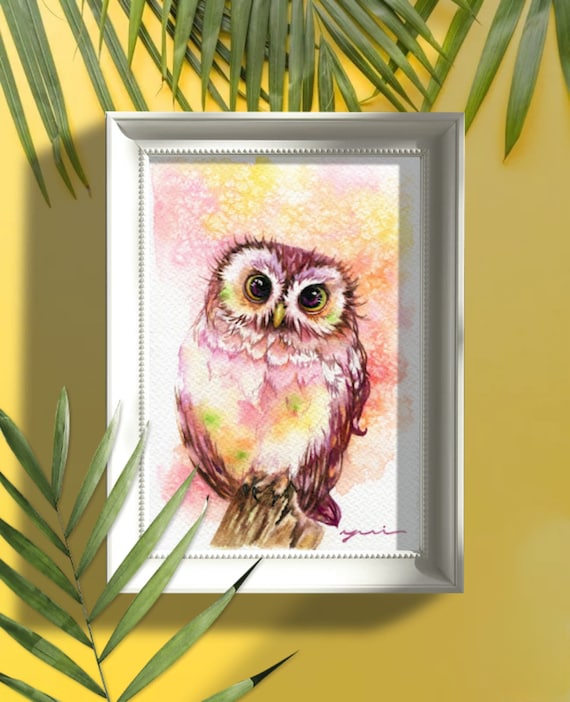 Big eyes Owl - ORIGINAL watercolour painting 7.5x11 inches,Hand paint 100%,art,watercolor, Hand made, owl art, minimalist,Contemporary,gift