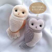NEW! Set of Two Felt Owl Ornaments PDF Patterns and Tutorial Set, DIY Felt Barn Owl and Grey...