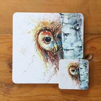 Tawny Owl Table mat, Melamine Placemat, Tableware, Owl Watercolour Art Print, Kitchenware, D...