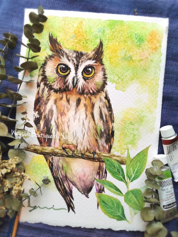 Owl in green - ORIGINAL watercolor painting 7.5x11 inches