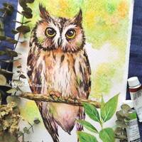 Owl in green - ORIGINAL watercolor painting 7.5x11 inches