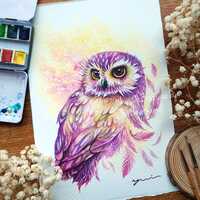 Original Watercolor Painting of an Owl, Magical Owl Wall Art, 7.5x11", Hand-Painted Owl...