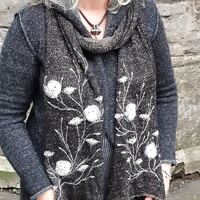Embroidered linen scarf with owls