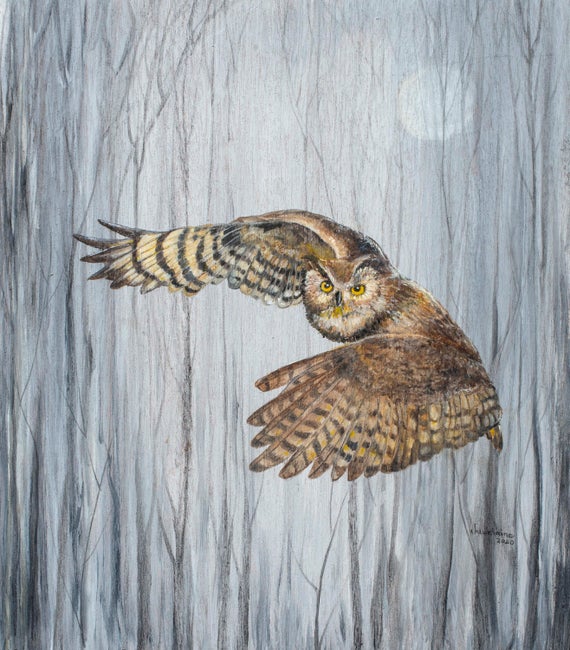 Owl Among Saplings - Great Horned Owl painting