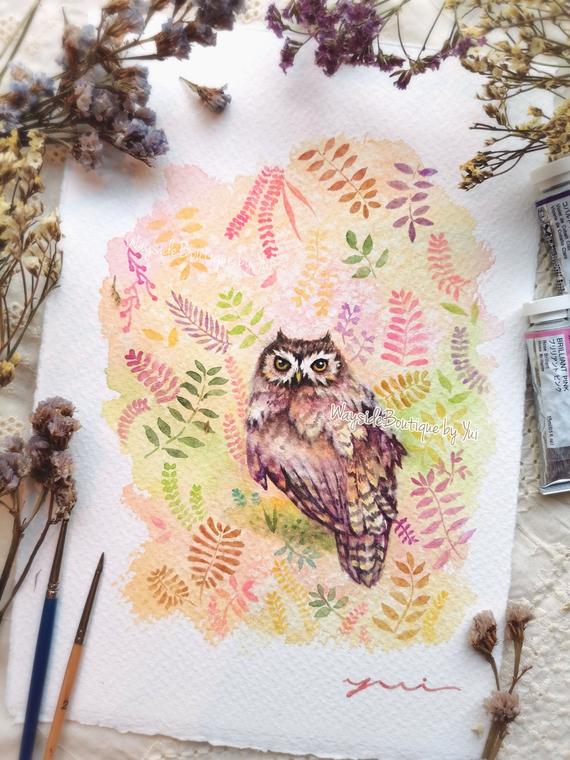 Owl in nude color - ORIGINAL watercolor painting 7.5x11 inches