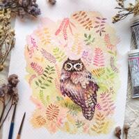Owl in nude color - ORIGINAL watercolor painting 7.5x11 inches