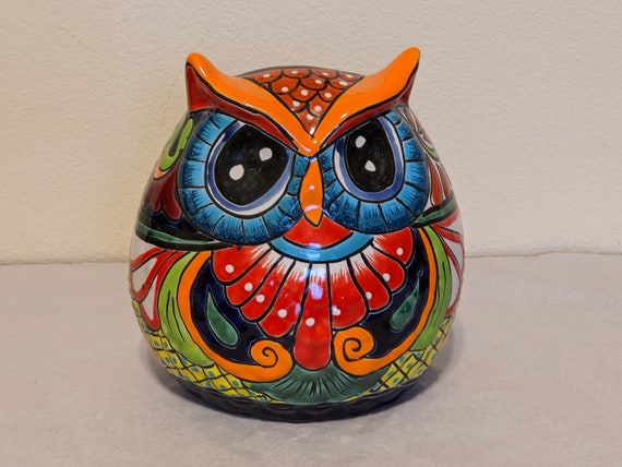 Ceramic Owl Mexican Flower Pot, Colorful Talvera Pottery