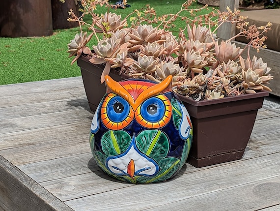 Pre-Order Your Lilly Owl Mexican Flower Pot | This Ceramic Talavera Pottery Works Indoor or Outdoor as Home Decor or Garden Decorations