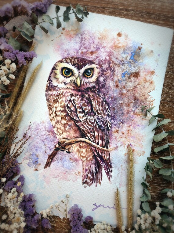 ORIGINAL watercolour painting 7.5x11 inches, Hand-painted by Yui Chatkamol, owl wall art, minimalist, Contemporary art decor, bird lover