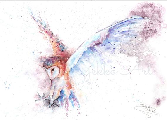 Barn Owl in flight Watercolour Limited Edition Giclee Print