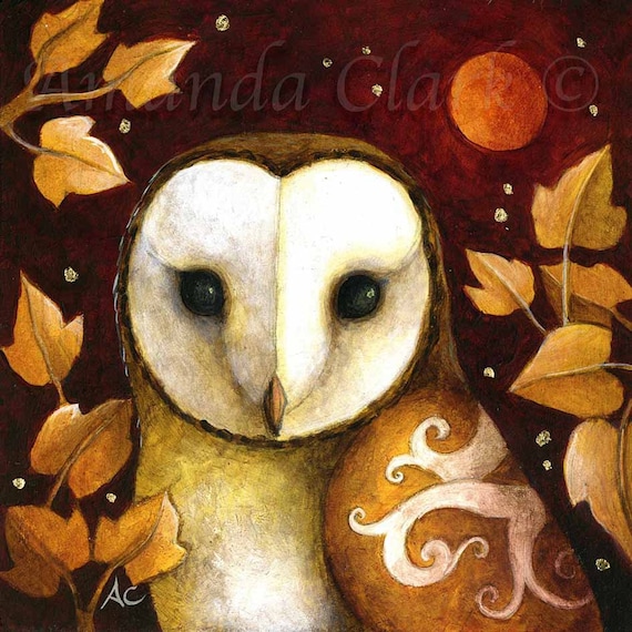 SALE! Limited edition giclee print titled "October Moon" by Amanda Clark - owl art print, fairytale art print, miniature artwork, whimsical