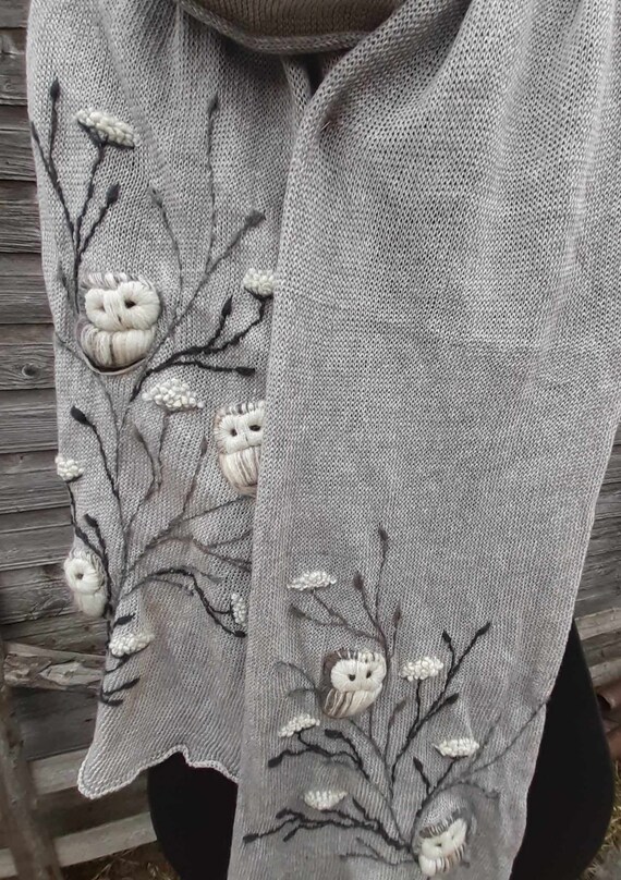 Embroidered linen scarf with owls,summer accessories,eco friendly linen scarf,lovely gift,natural gray and white.