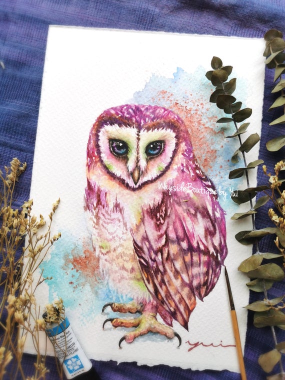 Barn owl colorful - ORIGINAL watercolor painting 7.5x11 inches