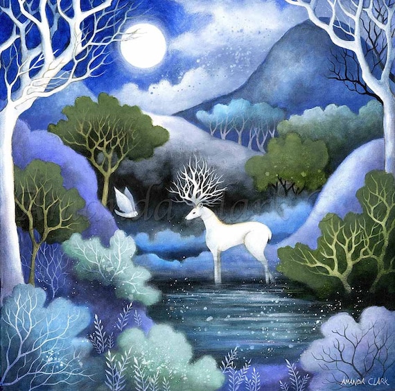 Limited edition giclee print titled "Meeting of Souls" by Amanda Clark -  white stag art print, owl wall print, woodland artwork, dreamy art