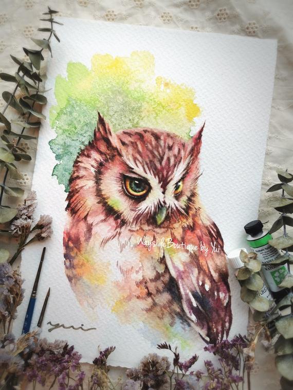 Owl - ORIGINAL watercolor painting 7.5x11 inches by Chatkamol ...