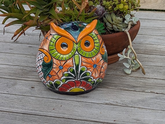Ceramic Owl Flower Pot | Colorful Talavera is Handmade Mexican Pottery for Indoor or Outdoor Owl Decorations, Ceramic Planter Good Owl Gift