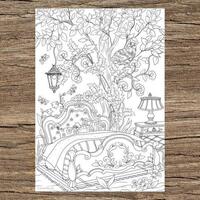 Printable Adult Coloring Page: Owl Magical Bedroom