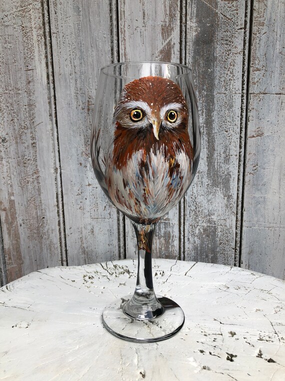 Hand painted Owl wine glass