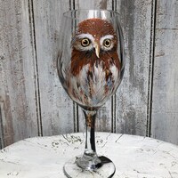 Hand painted Owl wine glass