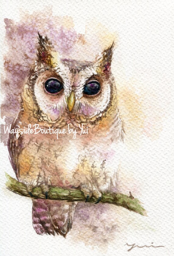 PRINT –Black eyes owl Watercolor painting 7.5 x 11”