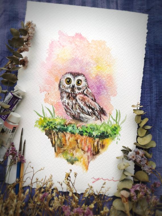 Owl - ORIGINAL watercolor painting 7.5x11 inches