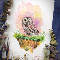 Owl - ORIGINAL watercolor painting 7.5x11 inches