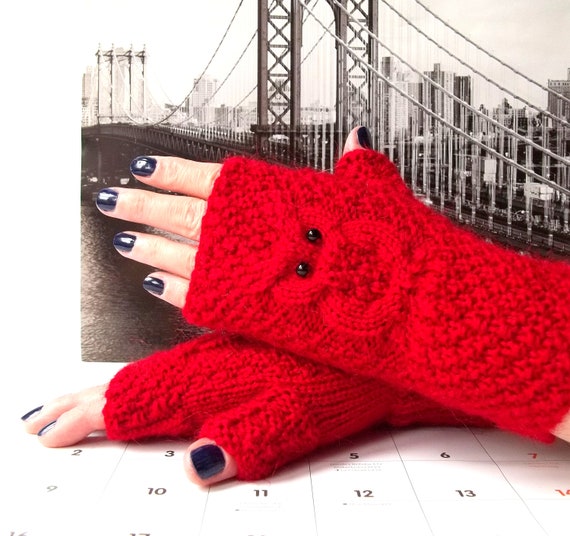 Cranberry Red Owl Gloves, Knit Fingerless Mittens