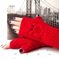 Cranberry Red Owl Gloves, Knit Fingerless Mittens