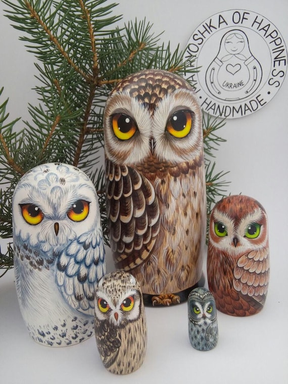 Owl Matryoshka  Nesting Dolls 17.5 cm, Christmas ornaments 5 pcs, Kids Gift, Animal Nesting Toys, Room Decor, Gift for Mom, Owl Decor