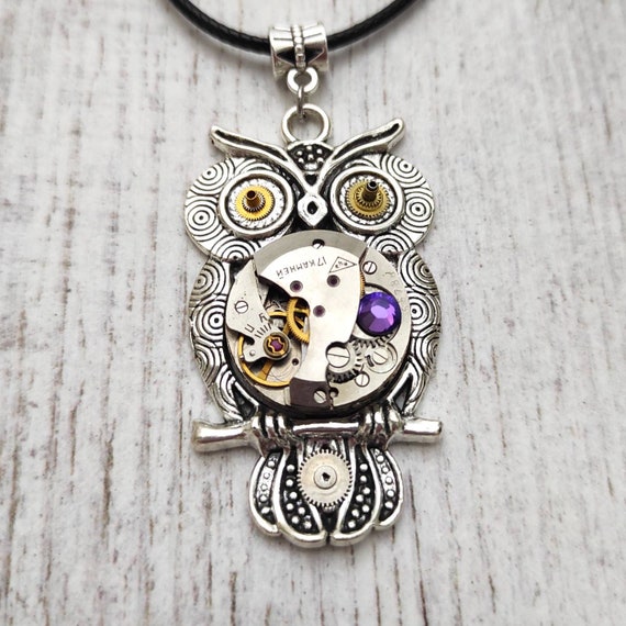 Owl gift necklace jewelry Steampunk pendant Bird Fantasy Heart jewellery Totem for women Girlfriend Steam punk Vintage Watch parts Barn Owls