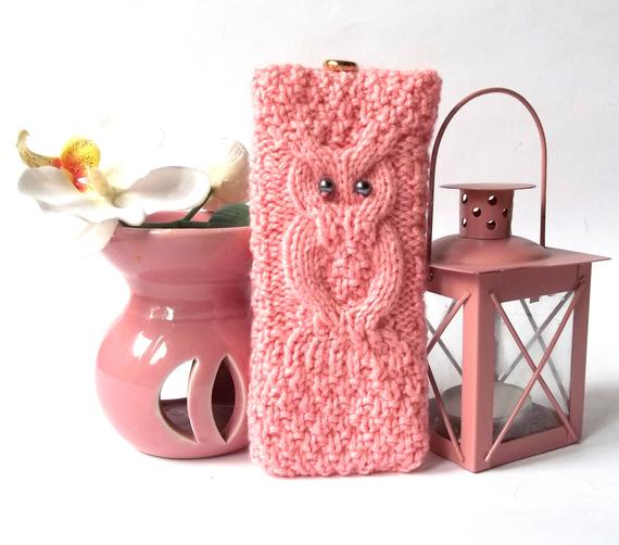 Pink Owl Glasses Case, Hand Knitted