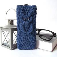 Gray Blue Owl Glass Case, Hand Knit Reading Glasses Case, Knitted Eyeglasses Case, Owl Eyegl...