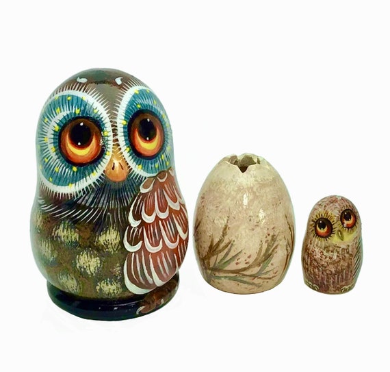 Matryoshka Cute Owl with Egg, Nesting Doll 3pcs 3.5''/9cm Owl Home Decor, Owl Baby Bird, Personalised Gift for Kids, Owl with Owlet Kids Toy