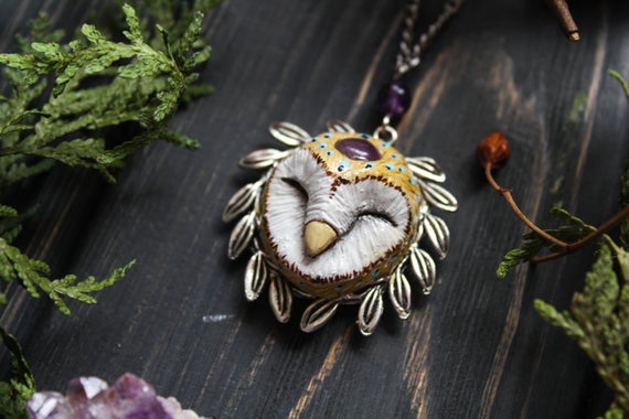 Barn Owl with Amethystium Cabochon and Metal Wreath Necklace