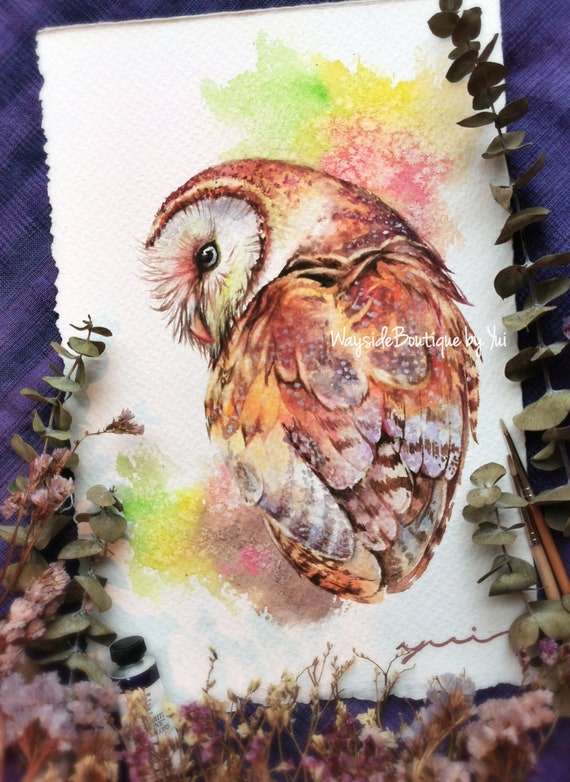 Owl - ORIGINAL watercolor painting 7.5x11 inches, Hand painted by Yui Chatkamol, owl watercolor,woodland, Wildlife, decor, wall art,fine art