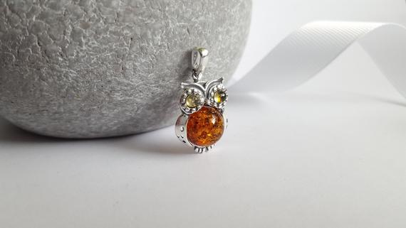 Small Amber Owl Pendant, Sterling Silver Necklace