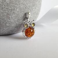 Small Amber Owl Pendant, Sterling Silver Necklace