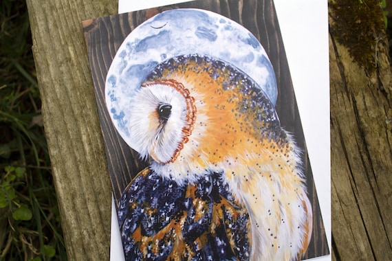 Barn owl greetings card, full moon art card