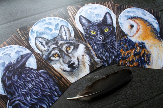 4 x A4 art prints, Full Moon series, black cat, raven, owl, wolf