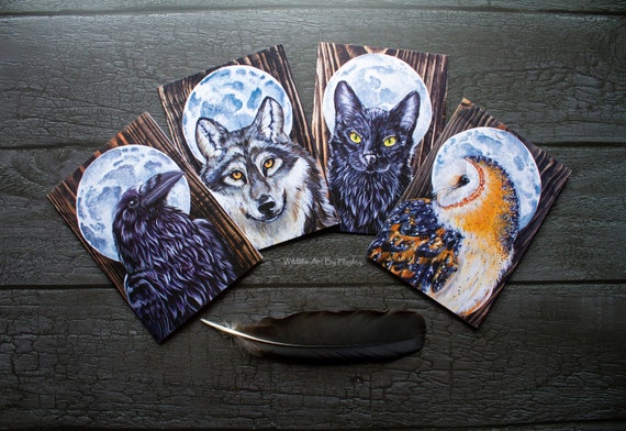 4 x A6 greeting cards, Full moon series, black cat, wolf, owl, raven.